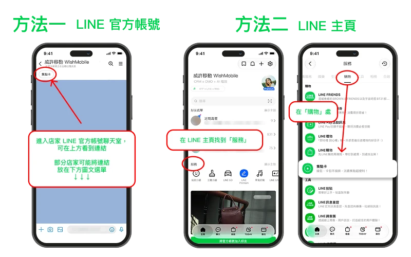 LINE 集點卡在哪，從 LINE 官方帳號聊天室打開集點卡的位置；主頁服務購物分類的集點卡入口