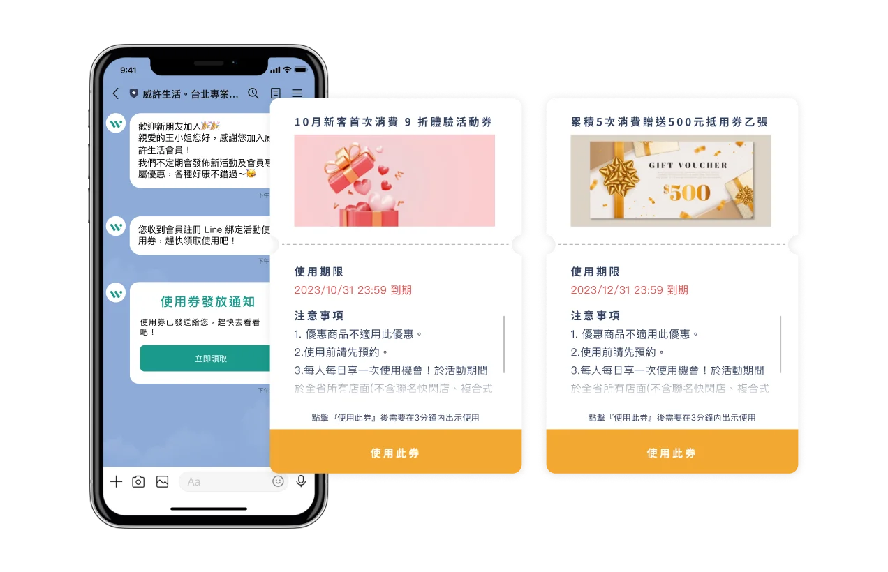 LivinQ - SCRM - 消費折扣 | 電子優惠券系統：	
發行 LINE 電子優惠券，彈性設計折扣券、折價券、兌換券，刺激顧客回購，促進業績增長